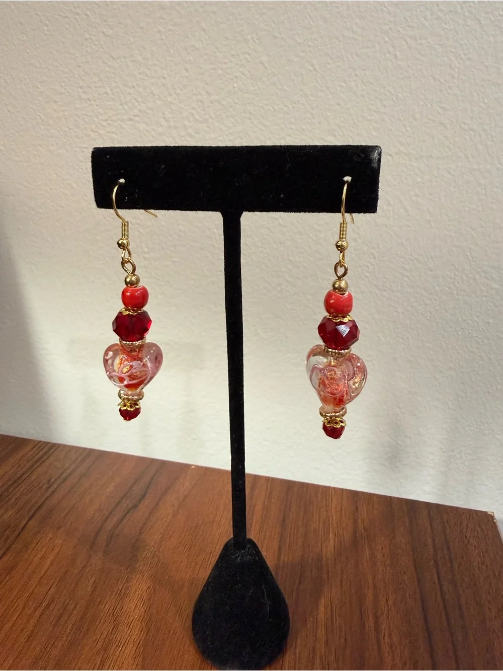 Red and Gold Heart Glass Drop Earrings